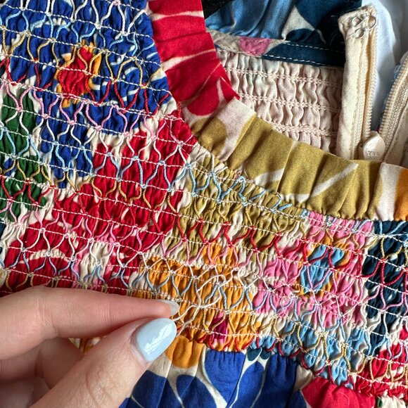 Farm Rio Sunny Daisies Mini Dress Floral Smocked High Neck Puff Sleeves Size XS - Picture 3 of 10